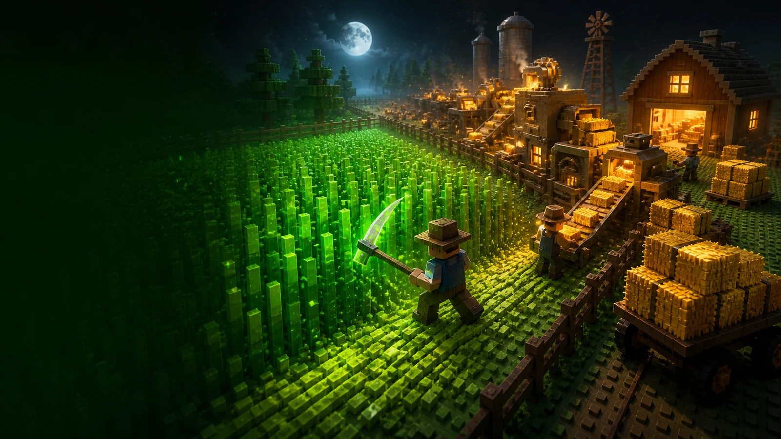 My Grass Farm decorative ImageGen key art showing a moonlit grass-to-hay production line